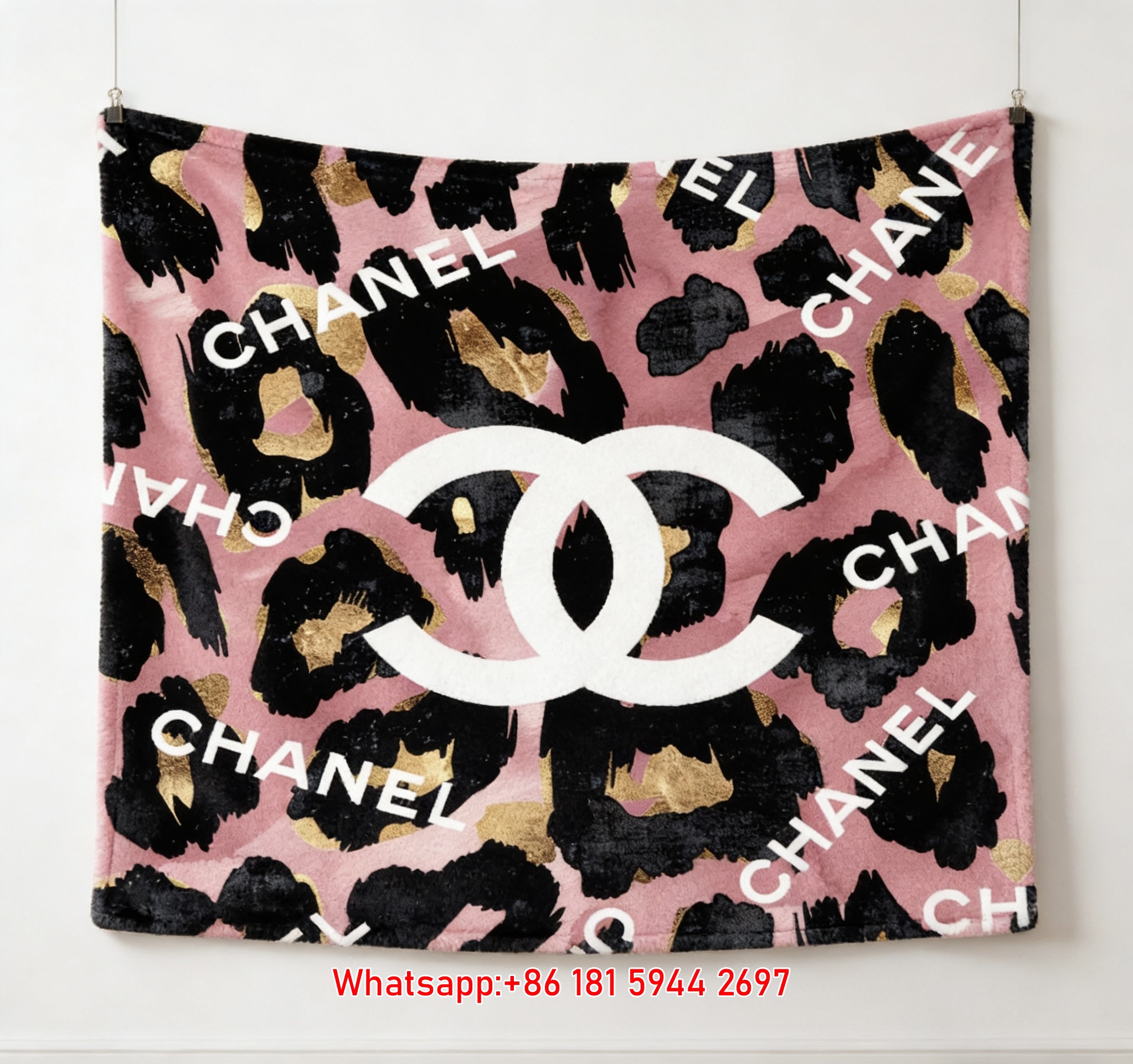 Chanel Pink Gold Leopard Print Flannel Throw Blanket IMG_7138